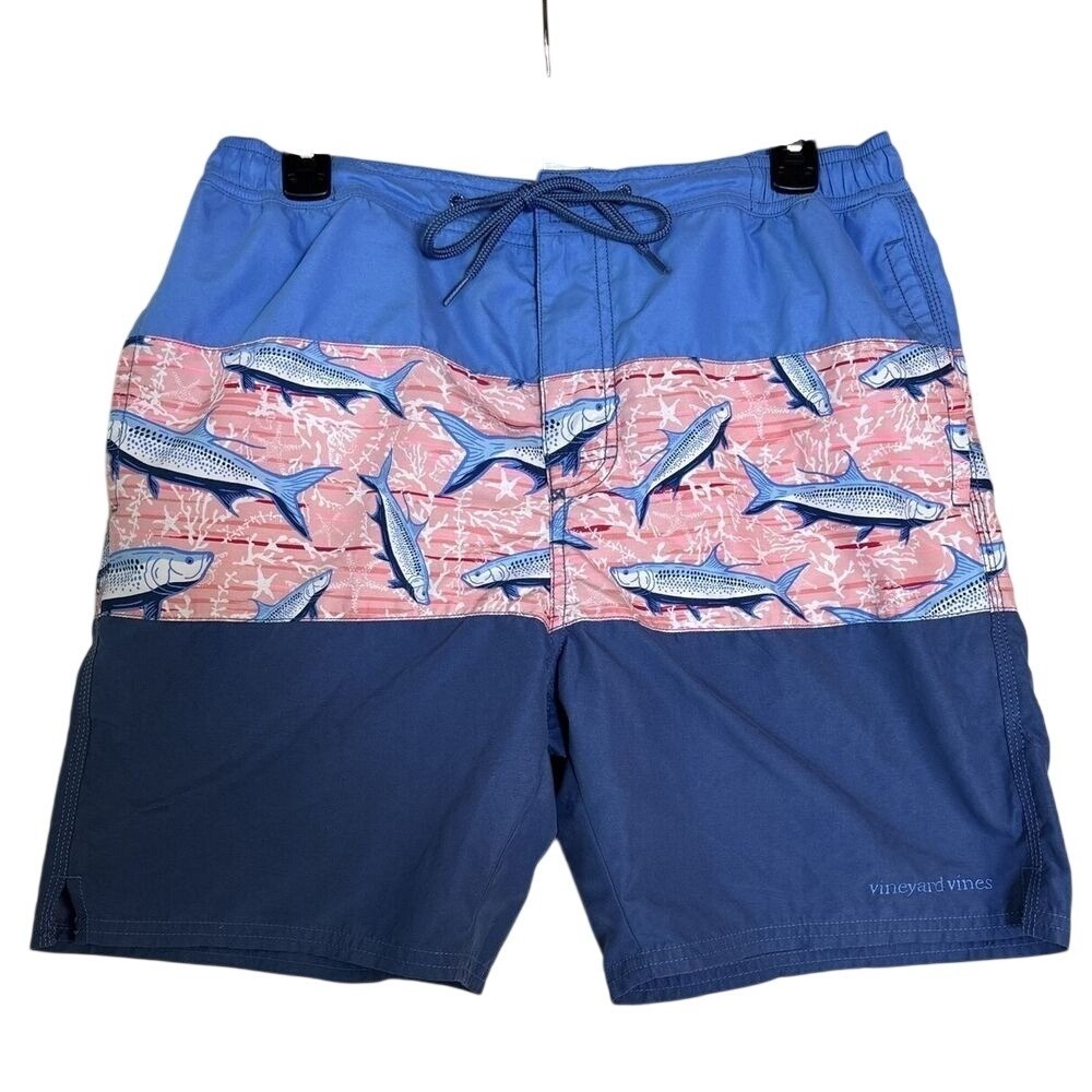 Vineyard Vines Men's Blue Tropical Swim Trunks Sz Small Fish Print 7" Inseam